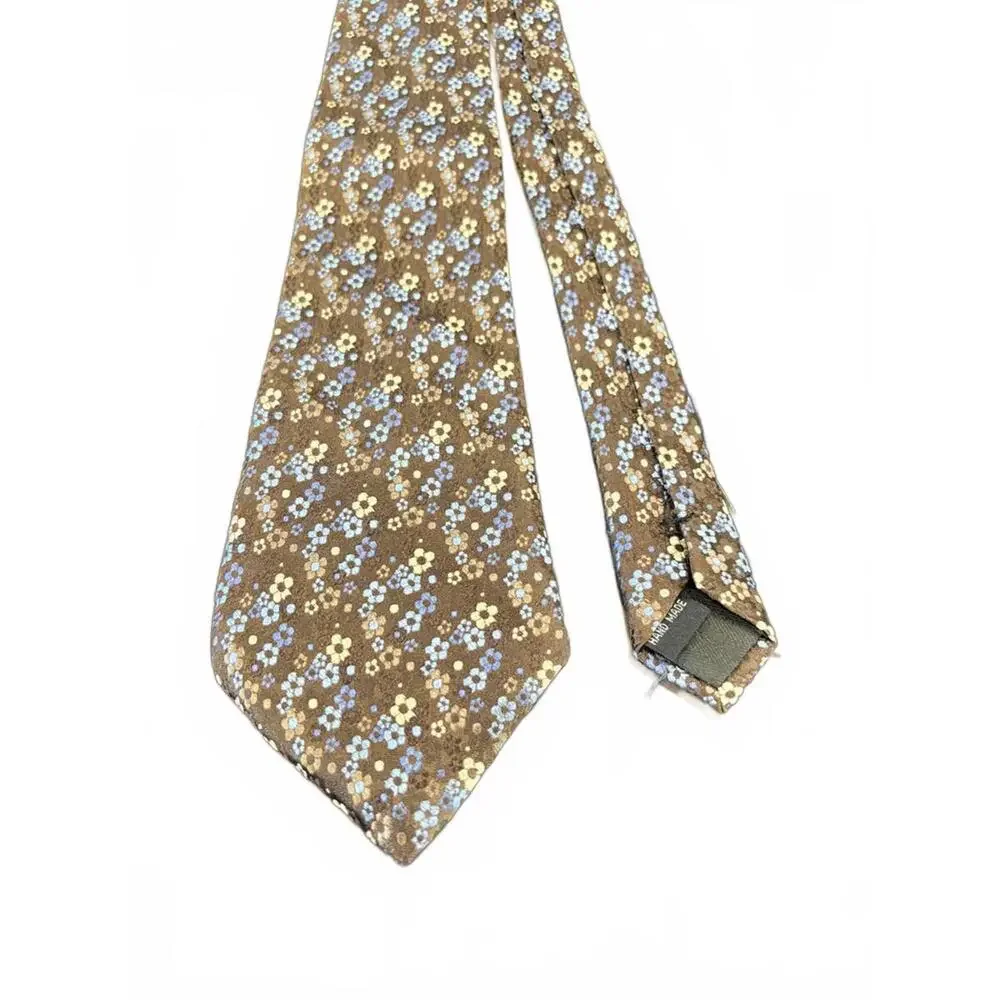 Bruno Piattelli Pure Silk Floral Tie – Brown‎ with Blue & Cream Flowers